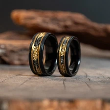 Couple Rings His & Hers Matching Rings Black Meteorite Gold Leaf  Tungsten Bands