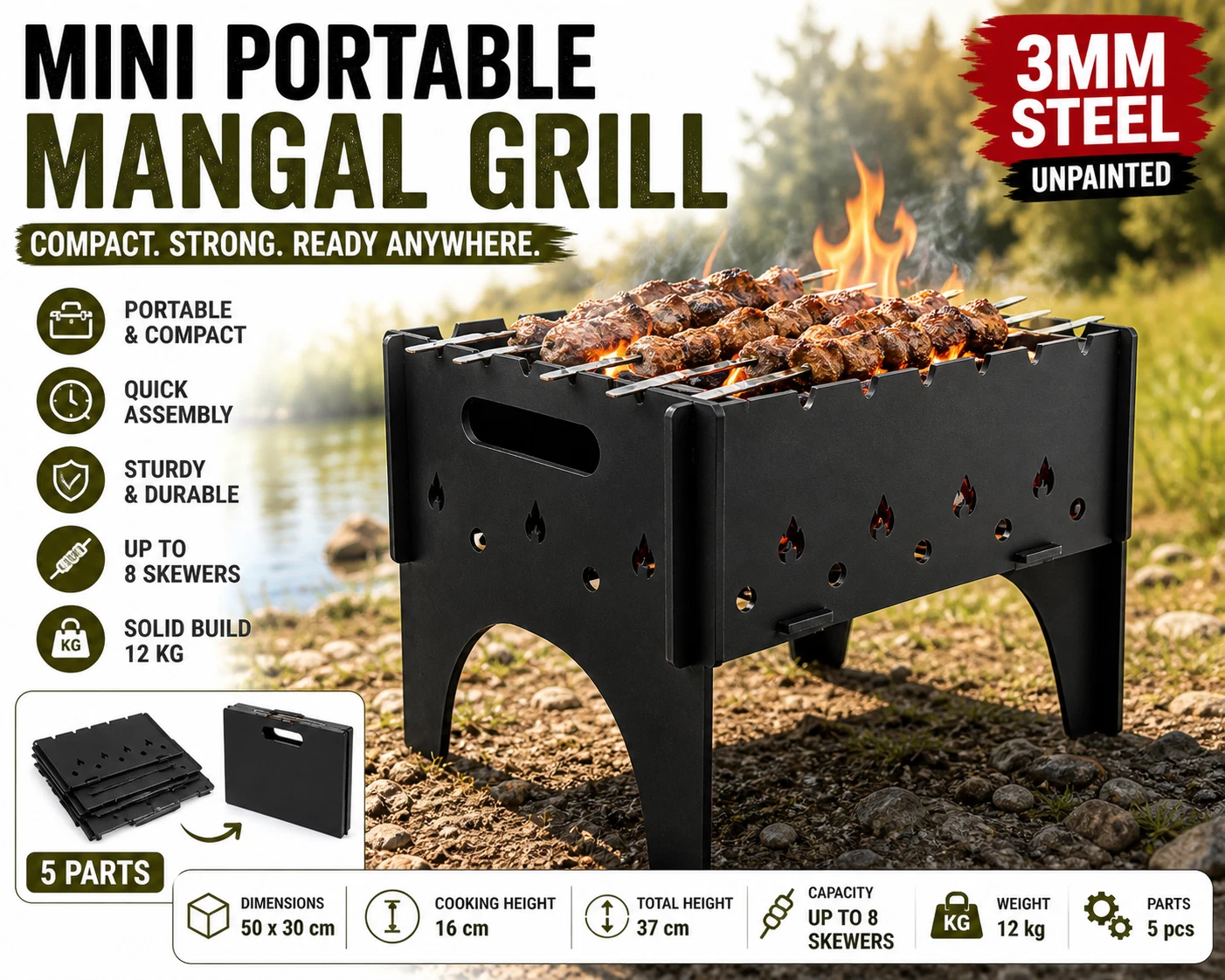 3mm LARGE 50x30x37 cm Portable Mangal BBQ Steel Folding Grill | Camping Fishing