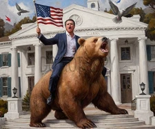 AI Gen. Funny Oil Paint Portrait of Gavin Newsom on Bear Political 8X10 Print