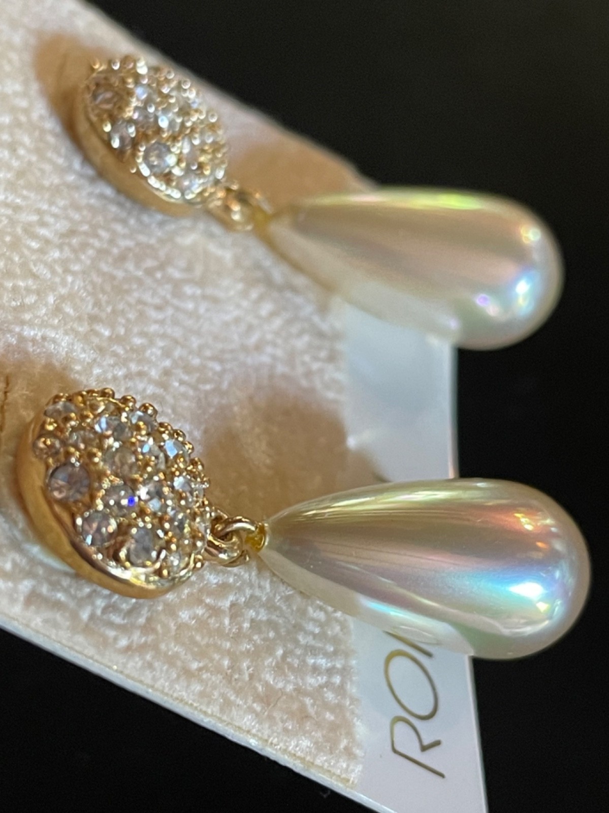 VTG New NOS Roman Faux Pearl & Rhinestone Drop Earrings Gold Tone Glam Thailand