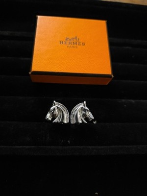 HERMES Horse Head Logo Earrings 2.6x2.7cm Silver Clip-On Authentic Item