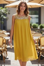 Romantic Golden Pleated Midi Dress Flowy Chiffon Sequin Neck Italy Womens M