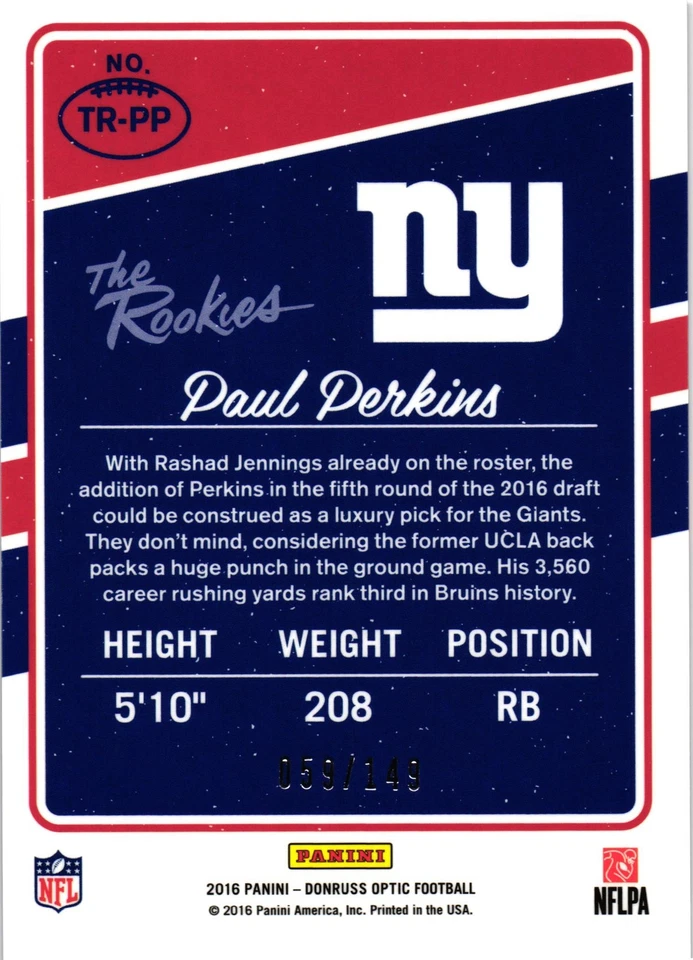 2016 Donruss Optic #TR-PP Paul Perkins The Rookies Blue #/149 - Image 2 of 2