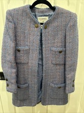 Chanel 97A Bouclé Tweed Jacket Pink Blue Vintage CC Logo Buttons Womens FR 34 XS