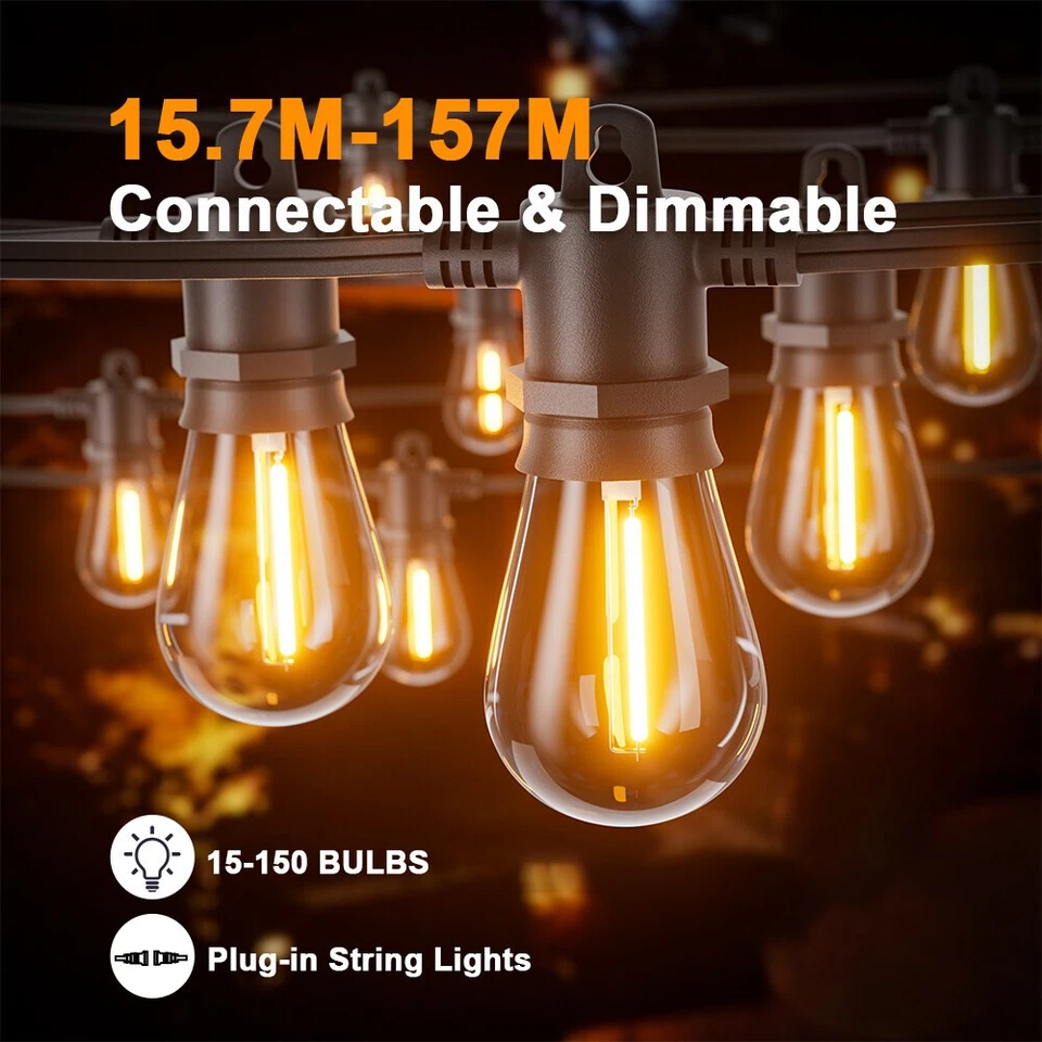 15.7M-157M Led Festoon String Lights Outdoor Dimmable Bulbs Xmas Wedding Party