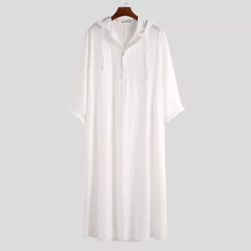 Arabisches lockeres Kleid Herren Langarm Thobe Kaftan Kapuze Robe Muslim Saudi Islamisch - Bild 14 von 22