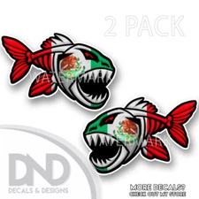 Mexico Flag Skeleton Fish Decal Mexican Truck Car Boat Sticker Fishing 2 Pack