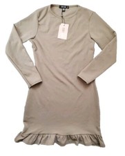 Missguided Dress Women 6 Long Sleeve Ruffle Hem Crew Neck Beige Tan Stretch NWT