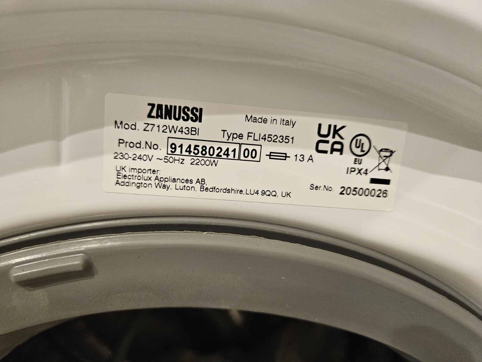 Zanussi Z712W43BI Integrated Washing Machine White eBay