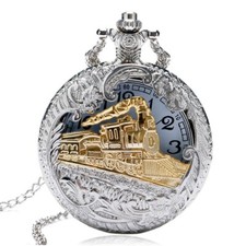 Antique Silver Gold Train Hollow Pocket Watch Quartz Gift with gift Box