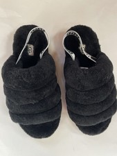 UGG Fluff Yeah Slide Slippers Womens 8 Black Shearling Logo Slingback Cozy Fuzzy