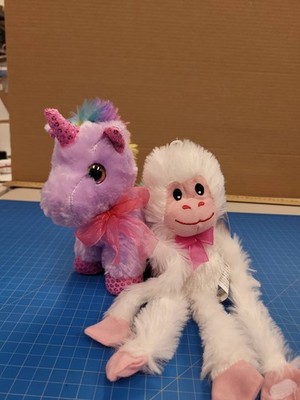 Fuzzy Friends Purple Unicorn Rainbow Mane White Monkey Plush Stuffed Animal Set