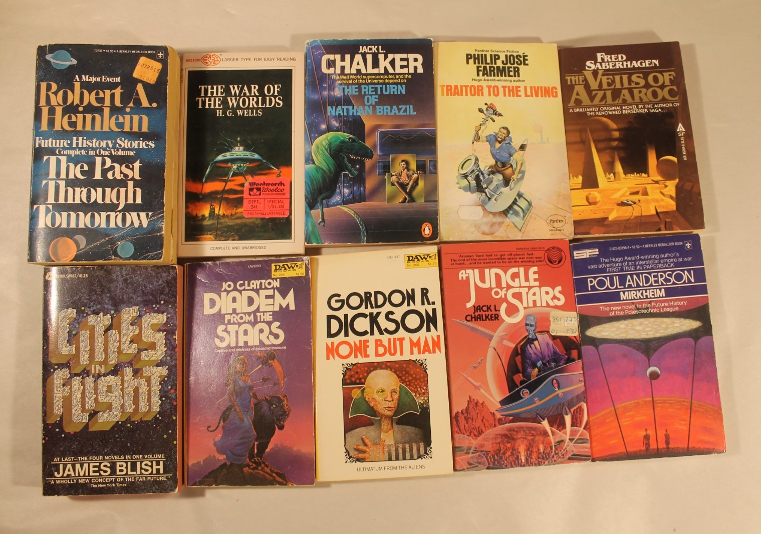 Lot of 10 Vintage Science Fiction Novels - Heinlein, Farmer, Anderson, Clayton