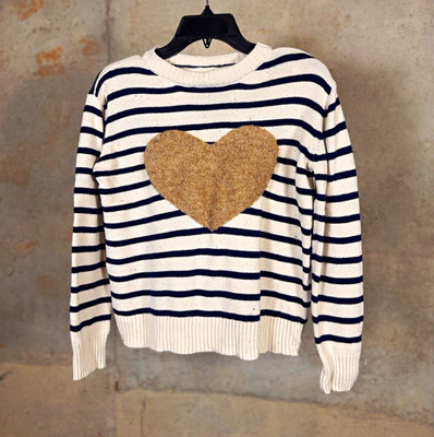 St. John's Bay Girls Knit Crewneck Pullover Sweater Ivory/Navy Striped Heart