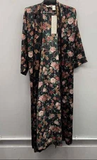 NWT Vintage 90s Go Softly Black Floral Tassel Print Satin Robe Women's L