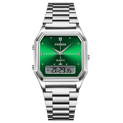 Men Watch Quartz Dual Time Luminous Waterproof Stainless Steel Ladies Wristwatch
