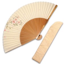 Hand-Painted Sakura Japanese Paper Folding Fan 19.5  cm  7.7   with Beige Sleeve