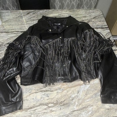 Fashion Nova Enjoy The Moment Fringe Studded Snap Lined Jacket Black 3X