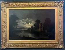 WALTER WILLIAMS 1834-1906 MOONLIT SCENE FIGURES ON BRIDGE Antique Oil Painting