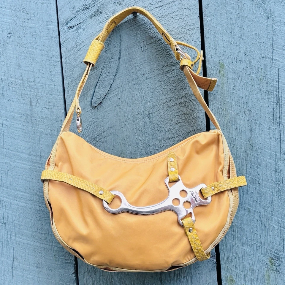 Bolso de Hombro Robert Cavalli Hebilla Piel de Serpiente Cartera Lona y Cuero Y2K Foto 2 de 4