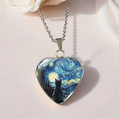 Silver Heart Shaped Van Gogh Starry Night Black Cat Necklace