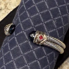 David Yurman Renaissance S.S. cuff w blk onyx and pink/red gemstones 14k gld acc