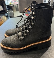 Marc Fisher Women Lizzie Black Croc Combat Black Leather Boots Size 7