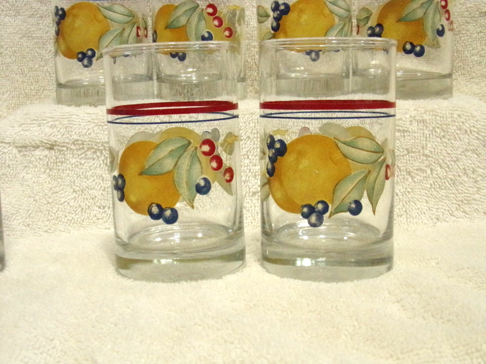 8 Crisa Corelle Abundance 6 Ounce Juice Glasses Fruit Blue Maroon Yellow Exc