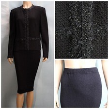 ST. John Evening Black Jacket Skirt L Size 12 14 2pc Suit Studded Trim Shimmer