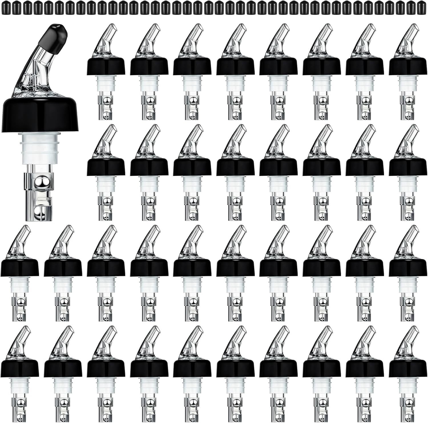 40 Automatic Liquor Pour Spouts with Caps - Precision Shots in Clear & Black