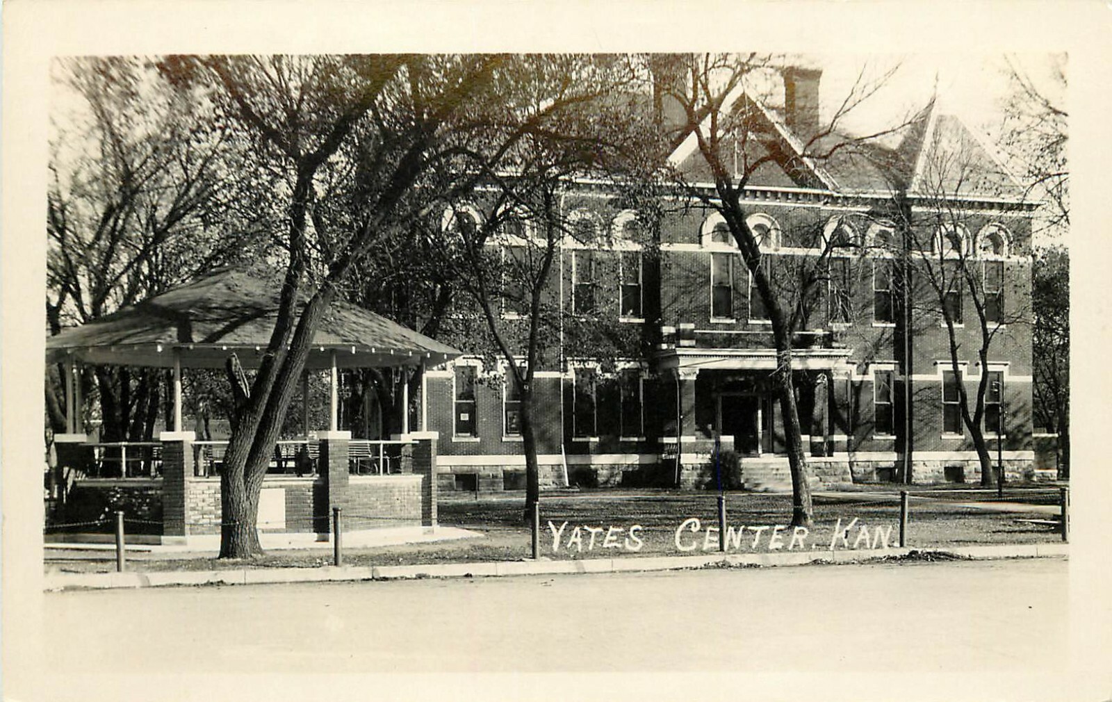 RPPC Postcard; Yates Center KS Court House & Bandstand Pavilion Woodson