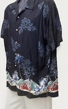 Cherokee Waikiki Hawaiian shirt men's Large black short sleeve floral hut