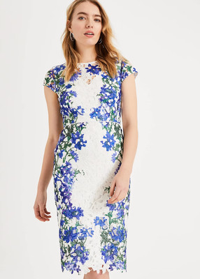 Brandneu mit Etikett Phase Eight Kyra Blumenkleid weiß mit blau & grüner Spitze Blumen Gr. 12
