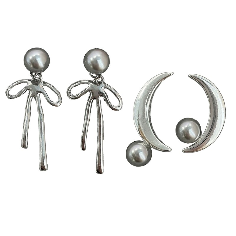 Lightweight Moon Stud Bowknot Dangle Earrings Pair 2pc Jewelry Set