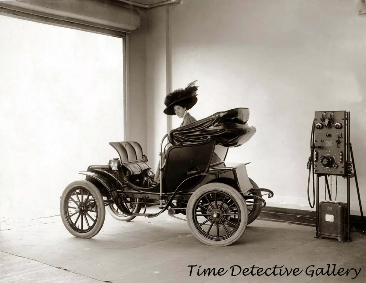 Early Electric Car and Charging Station 1912 Historic Photo Print