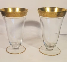 Pair Rambler Rose Tiffin-Franciscan Iced Tea Goblets Gold Encrusted Blown Glass
