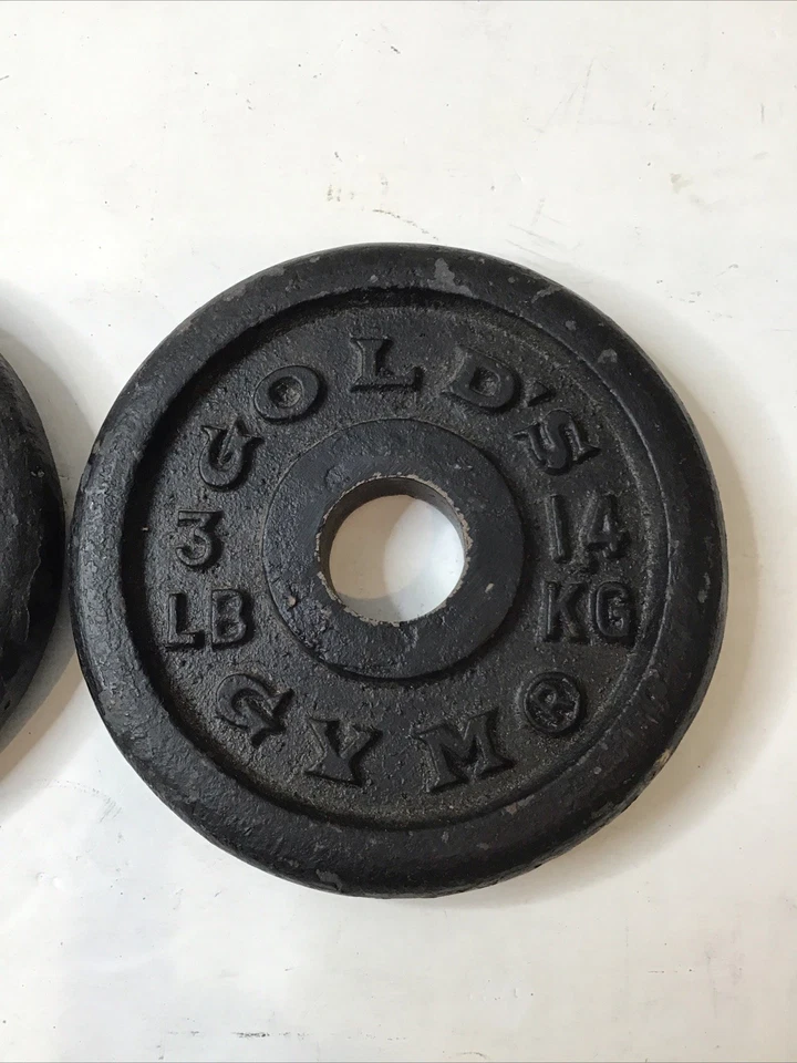 (2) Par de placas de peso de 3 libras vintage Gold’s Gym padrão 1” barra 6 libras total - Imagem 3 de 4