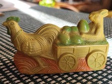 Old 1920s Celluloid Easter Toy Chicken Pulling Wagon With Rabbit & Eggs