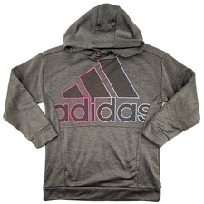 Adidas Youth Unisex Hoodie Size Large Gray Pink Blue Logo Pullover Pockets