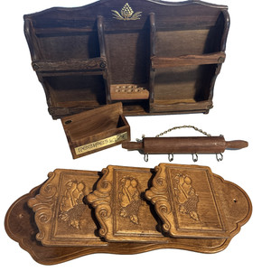 VTG Wooden Rustic Countrycore Lot Wall Mail Key Holder Rack 3 Tier & Recipe Box