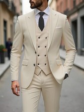 Mens 3 Piece Slim Fit Wedding Suit Beige Teal Blazer Waistcoat Trousers Set