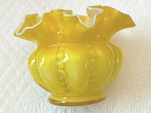 Vintage Fenton Yellow Overlay Milk Beaded Bow /Vase ?. Light Milk Color Inside