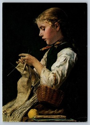'Young Girl Knitting' By Albert Anker, Art Card - Unused