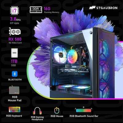 STGAubron Gaming PC Desktop Computer i7 RX580 8GB,16GB RAM 1TB SSD WiFi BT W11H
