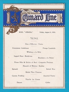 1924 Original Cunard R.M.S. ANDANIA Dinner MENU