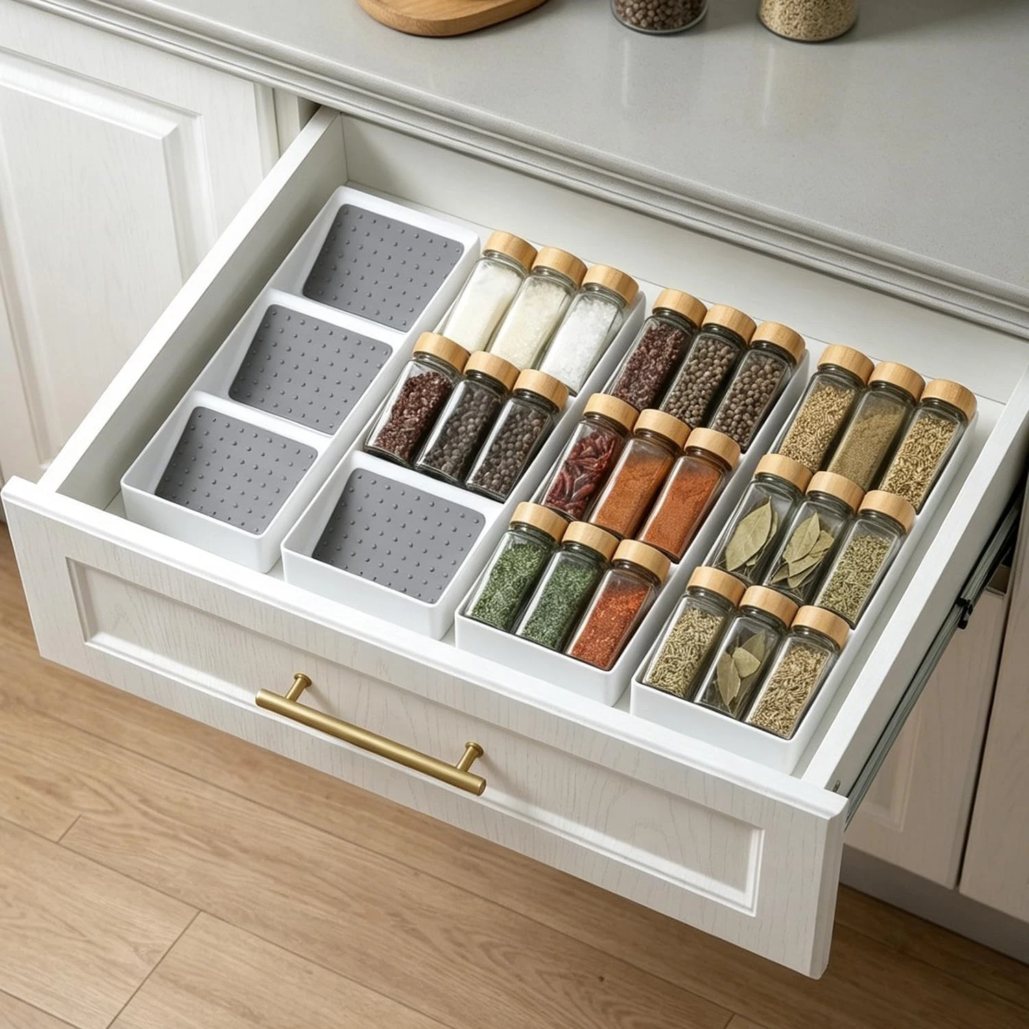 Spice Drawer Organizer,4 Pack,3 Tier Non-Slip Silicone Seasoning Jar Drawer I...