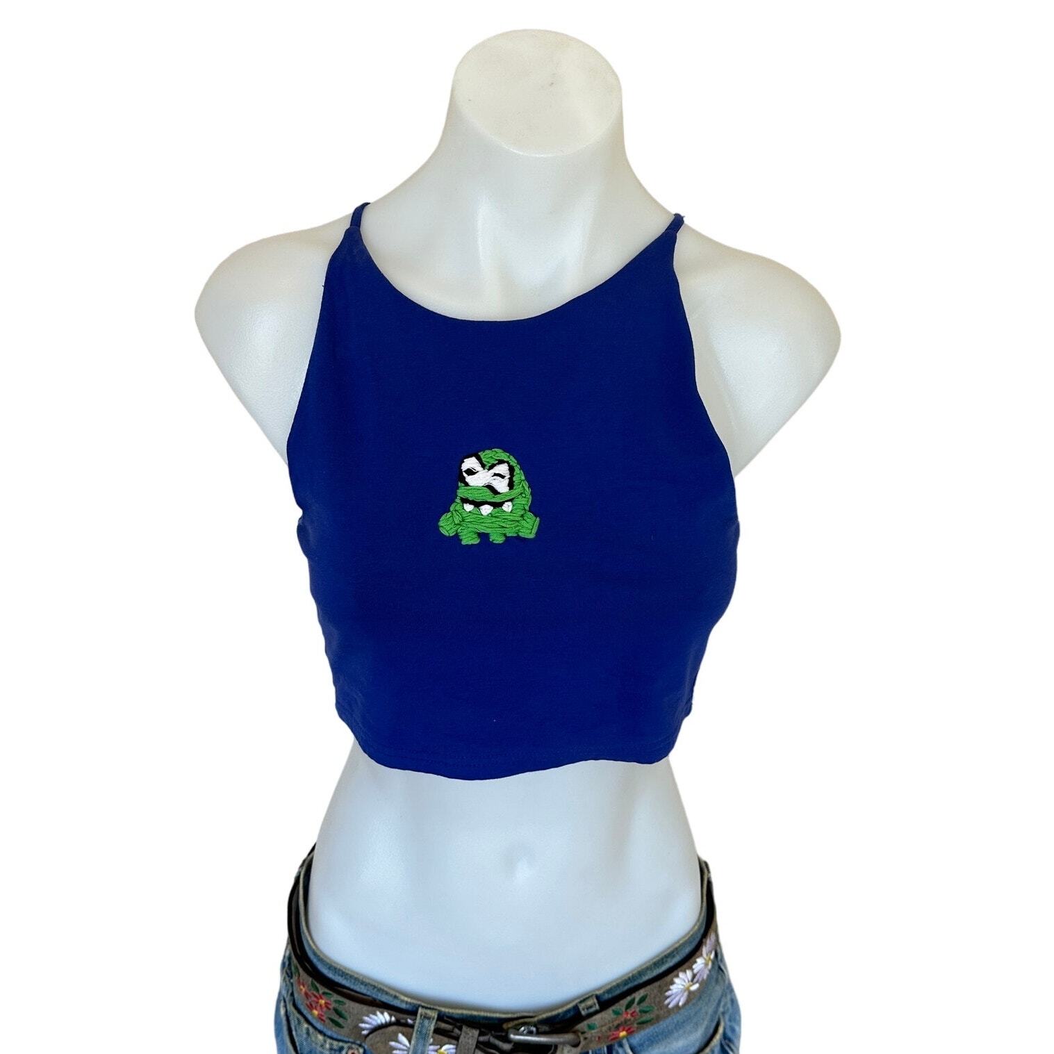 Superdown Crop Top Blue SMALL Upcycled Embroidered Om Nom Bodycon Unique Cami-image