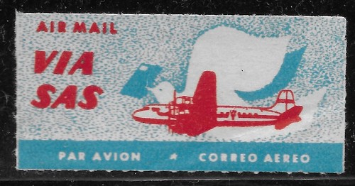 1950 Postage Label Air mail via SAS Denmark Norway Sweden🔥Seal MintPOG AIRPLANE