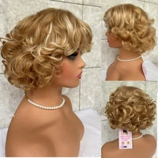Short Fluffy Curly Wavy Blonde Mix Free Hairstyle Human Hair Blend Heat Ok Wig