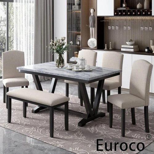6-Piece Dining Table Set With Faux Marbled Tabletop And 4 Cushioned Chairs Bench - Picture 2 of 7